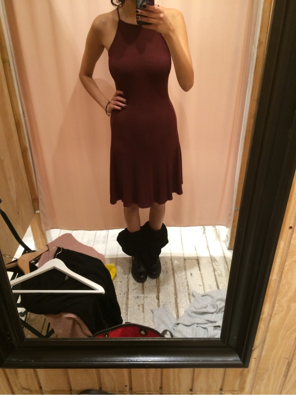 Brandy Melville Ribbed Fit-and-Flare Dress in Wine